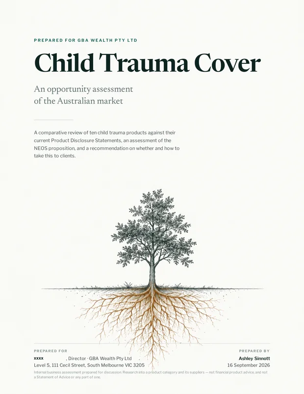 The cover of the assessment: a pen-and-ink tree drawn with its whole root system spreading below the ground line, under the title Child Trauma Cover