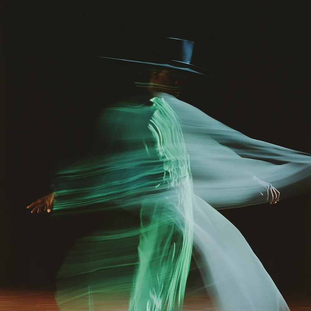 A figure in a wide-brimmed hat turning, the robes drawn into green streaks by a long exposure