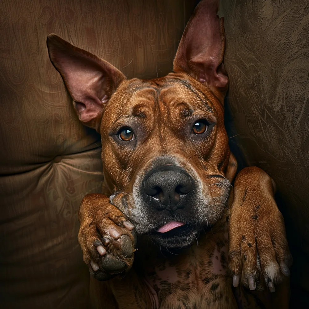A brindle dog upside down on a sofa with both front paws in the air