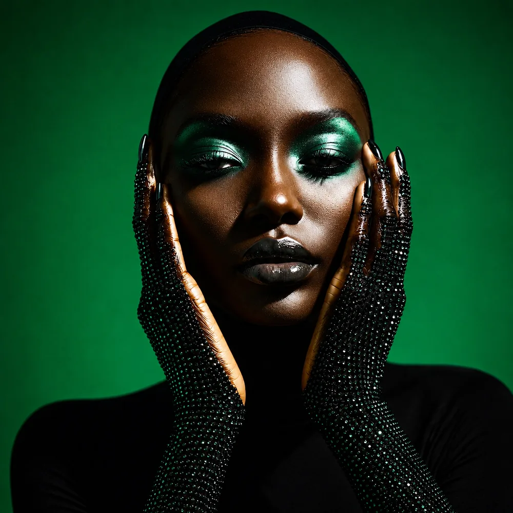 Hands in crystal mesh gloves framing a face made up in emerald, against flat green