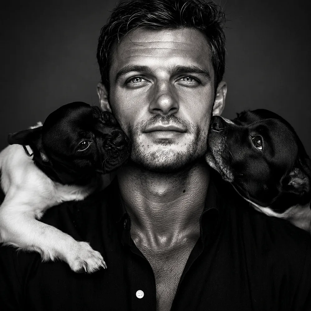 In black and white, a man looking upward with a bulldog puppy pressed to either cheek