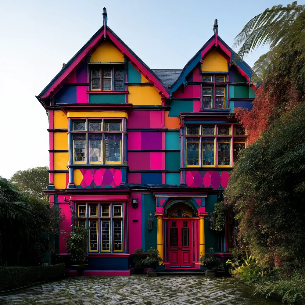 A gabled Victorian house painted in blocks of magenta, yellow and teal