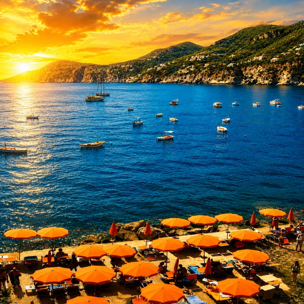 A Mediterranean bay at sunset, orange parasols along the shore and boats at anchor