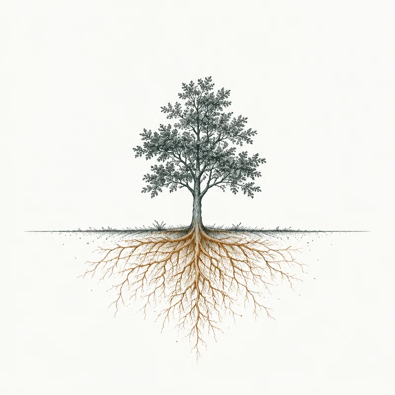 A fine-line engraving of a tree, its ochre root system spreading as wide below the ground as the canopy above it.