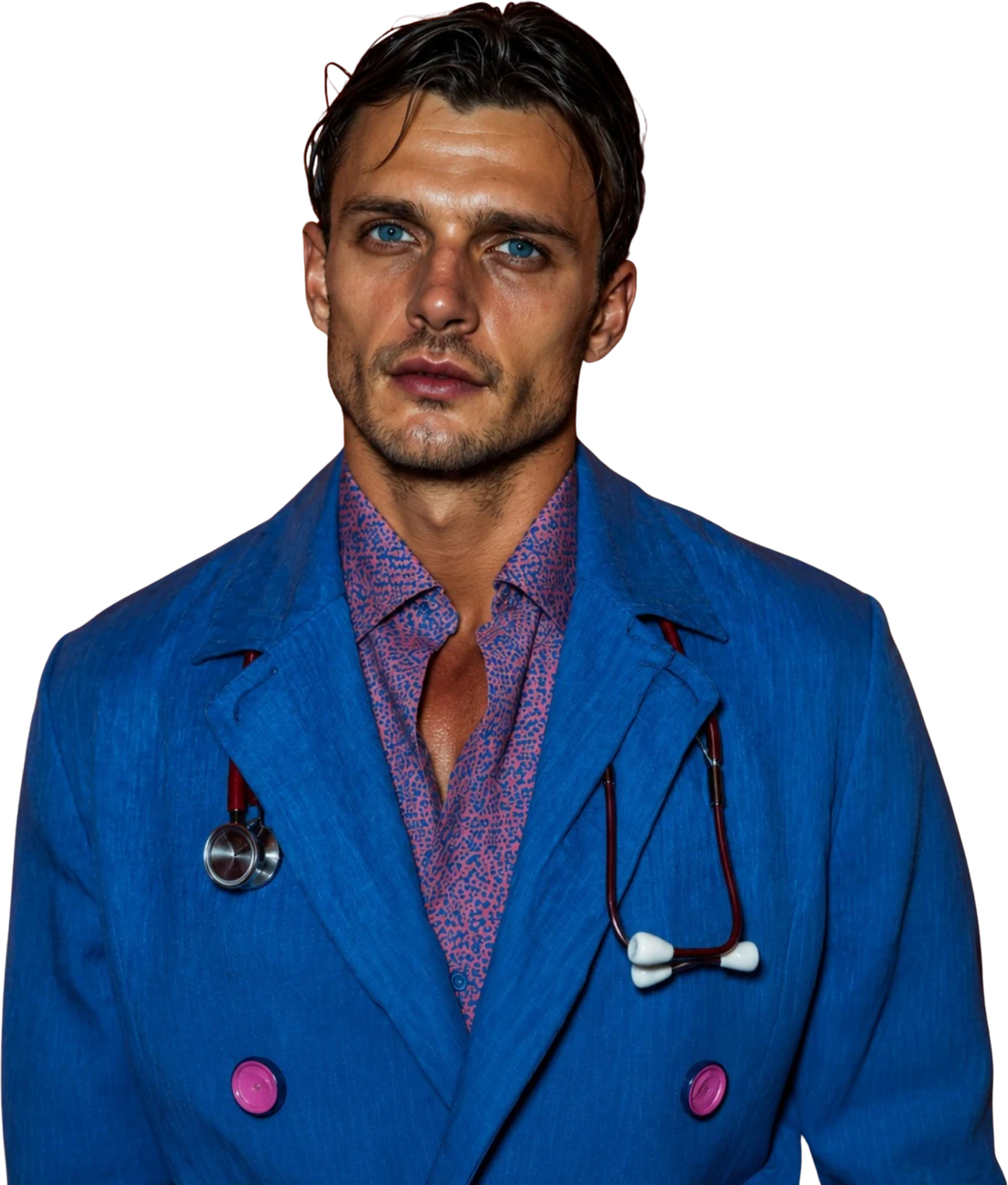 A portrait from the studio: a man in a blue linen coat with pink buttons, a stethoscope slung at his collar, cut out against the dark