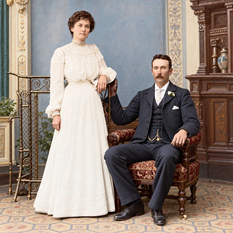 Fred and Mary Shearer in a photographer's studio in 1910, she standing in a high-necked cream lace blouse, he seated in a dark three-piece suit with a white rose in his lapel.