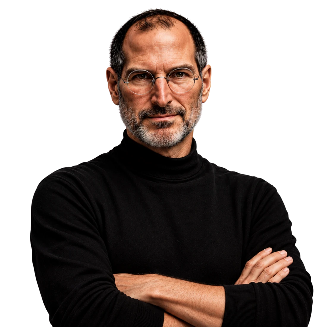 A portrait from the studio: a man in a black turtleneck and round glasses, arms folded, cut out against the dark