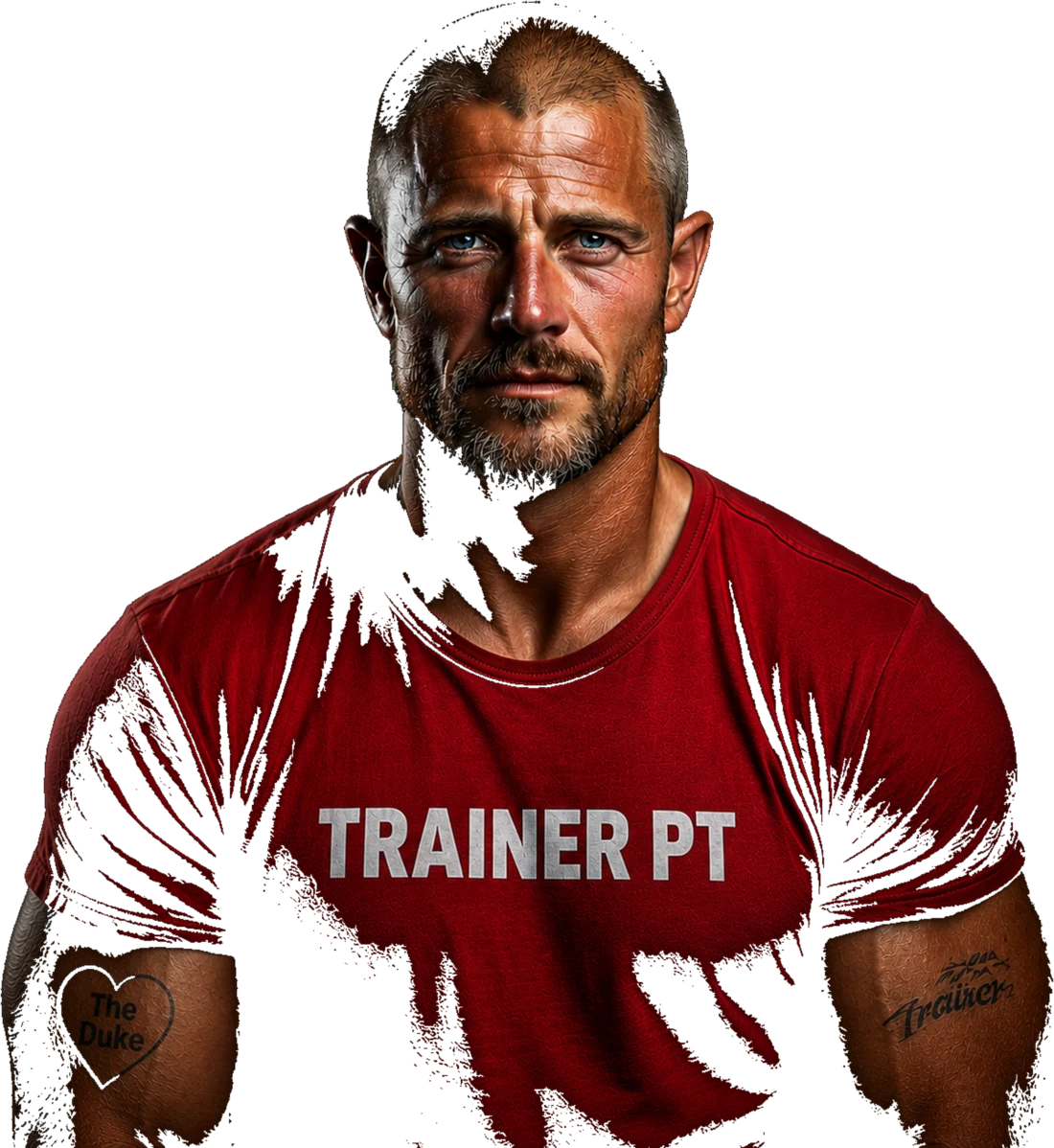 A portrait from the studio: a close-cropped man in a red Trainer PT shirt, a small heart tattoo reading The Duke on his forearm, cut out against the dark